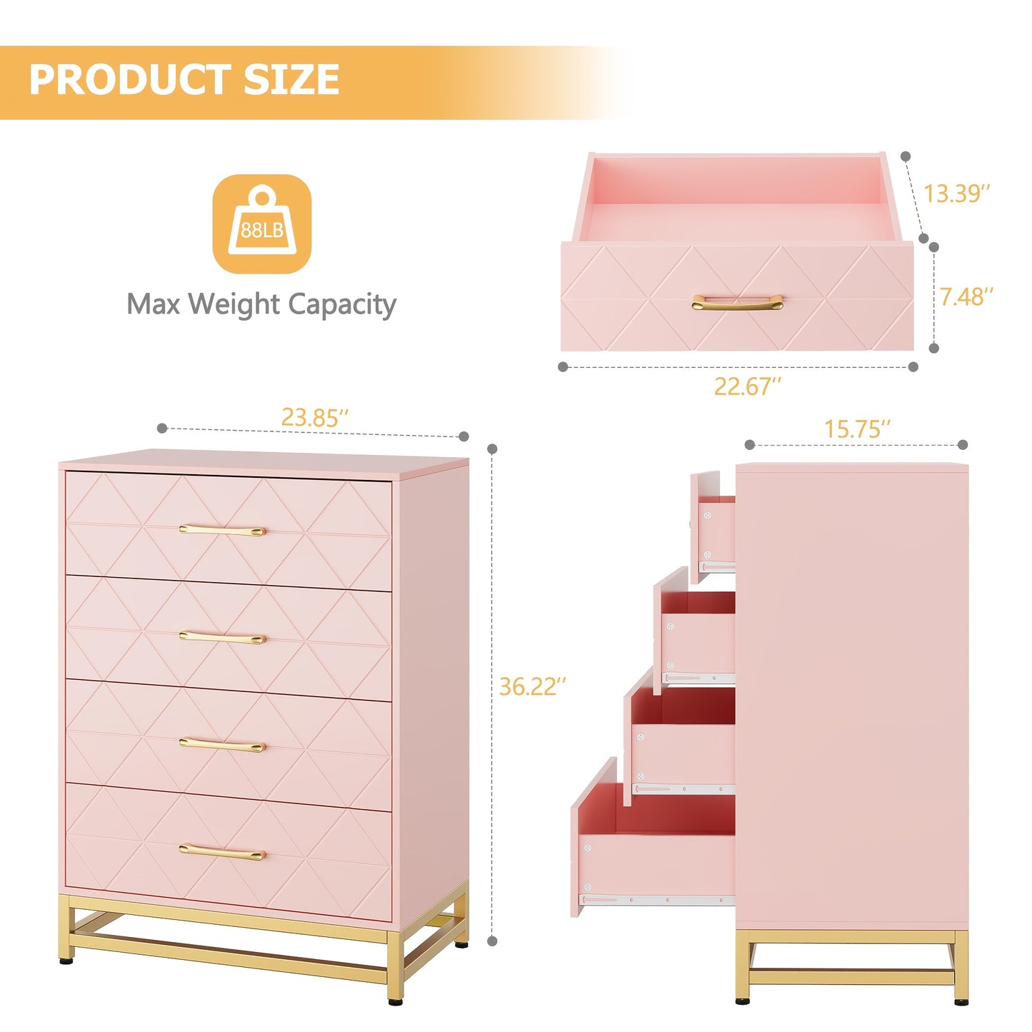 Ladekast – Dresser – Kast – Opbergkast – Ladekastje – Roze met Gouden Accenten – 3,2+ Kubieke Voet Opbergruimte – 68,5 cm Hoog – 2 Laden en 2 Planken – Stevig en Duurzaam – Eenvoudig Zelf Te Monteren