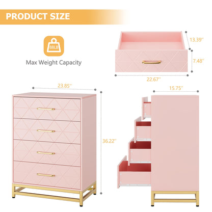 Ladekast – Dresser – Kast – Opbergkast – Ladekastje – Roze met Gouden Accenten – 3,2+ Kubieke Voet Opbergruimte – 68,5 cm Hoog – 2 Laden en 2 Planken – Stevig en Duurzaam – Eenvoudig Zelf Te Monteren