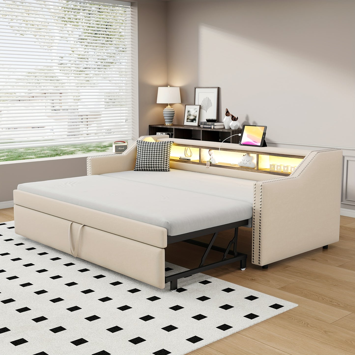 Slaapbank – Bedbank – Logeerbank – Uitklapbank – Sofa Bed – Compact Formaat – Met Opbergruimte – Stevig Frame – Beige Bekleding