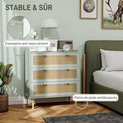 HOMCOM 3-Drawer Bohemian Style Storage Dresser with Wooden Frame, Rattan Dresser for Bedroom, Living Room, Entryway, 80 x 40 x 87.5 cm, Olive Green