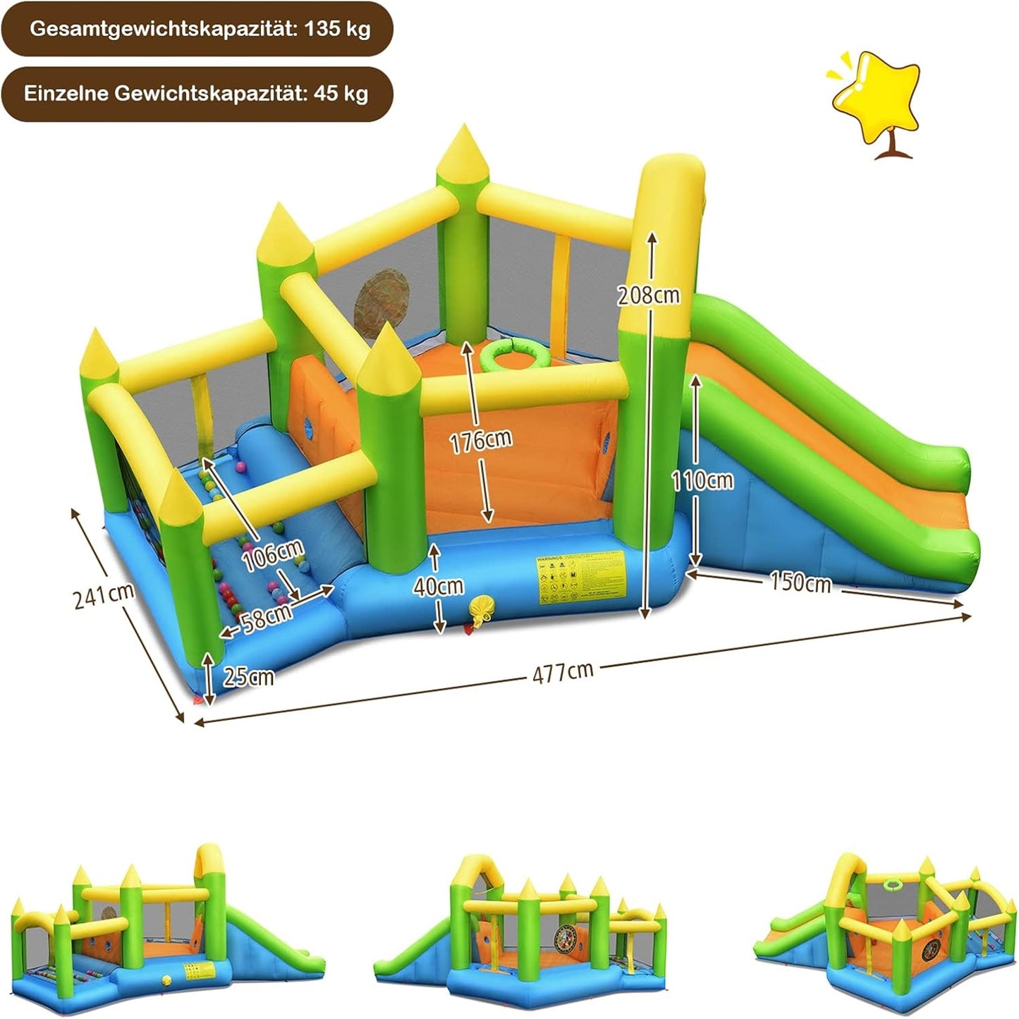 Springkasteel – Springkussen – Opblaasbaar Kasteel – Bouncer – Speelhuisje – Met Glijbaan & Ballenbad – Duurzaam Oxford Stof – Inclusief Basketbalring & Reparatiesetje 477x241x208 cm