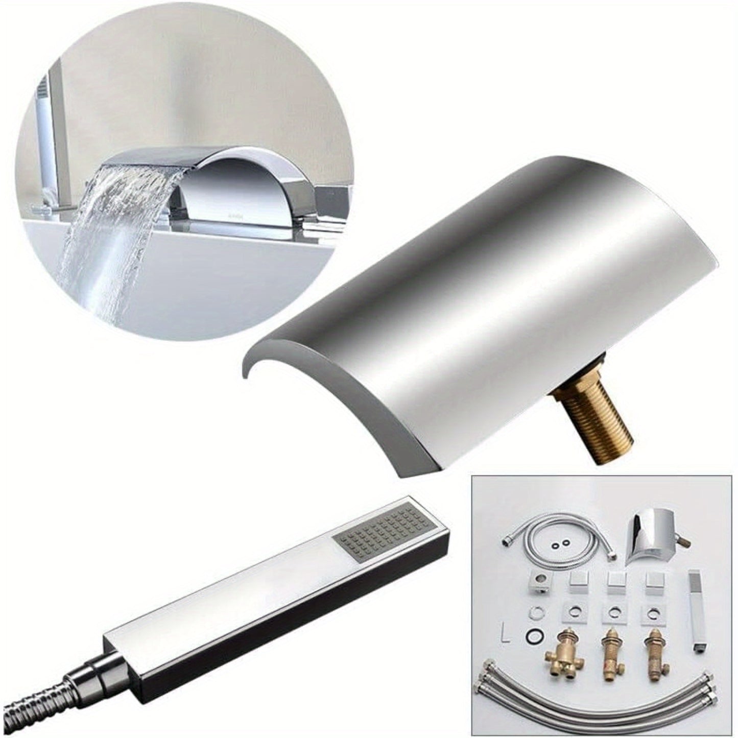 Quiltern Modern Waterfall Bath Faucet - Edge Mount 5-Hole Installation for 1/2" Hose, Brass & Chrome Bathroom Sink/Fixture with Spiral Drain & Valve