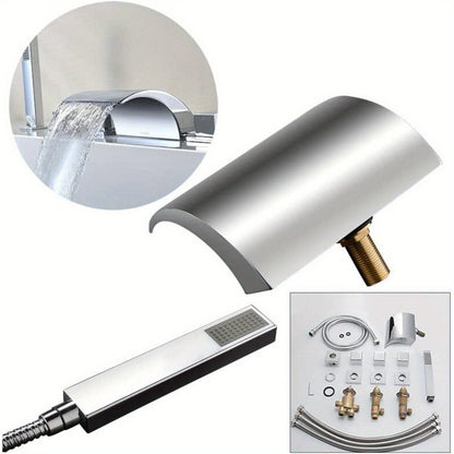 Quiltern Modern Waterfall Bath Faucet - Edge Mount 5-Hole Installation for 1/2" Hose, Brass & Chrome Bathroom Sink/Fixture with Spiral Drain & Valve