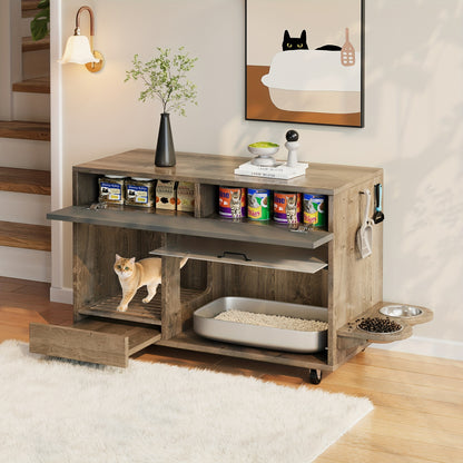 Portable Cat Litter Cabinet with Cat Food Tray & Odor-Control System - 4-Wheel Mobile Storage Unit, Perforated Plate & Sand Collection Tray, Space-Saving Design for Cats (Compatible with Litter Boxes, Litter Box Not Included)