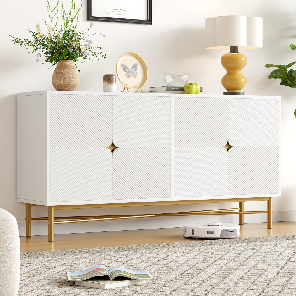 Sideboard with Raised Texture 160cm, Cabinet with Four Doors and Golden Brushed Handles & High-Gloss Table Legs, White, 160×40×82cm, Entryway Cabinet, Bedroom Sideboard, Elegant Handles, Sleek Cabinet, Stylish Hardware, Dur