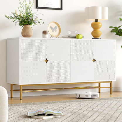 Sideboard with Raised Texture 160cm, Cabinet with Four Doors and Golden Brushed Handles & High-Gloss Table Legs, White, 160×40×82cm, Entryway Cabinet, Bedroom Sideboard, Elegant Handles, Sleek Cabinet, Stylish Hardware, Dur