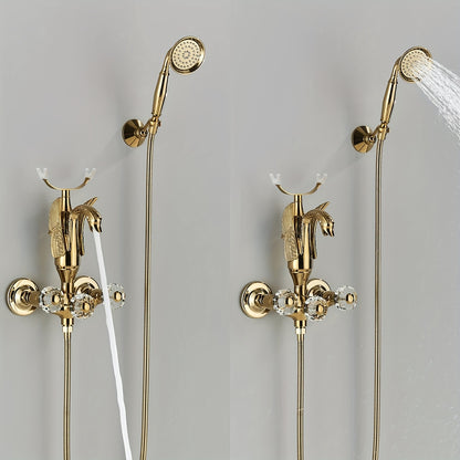 Gouden Badkraanset – Badkamerkraan – Mengkraan – Wandkraan – Douchekraan – Luxe Zwanen Design – Messing Met Kristallen Handvat – Inclusief Handdouche