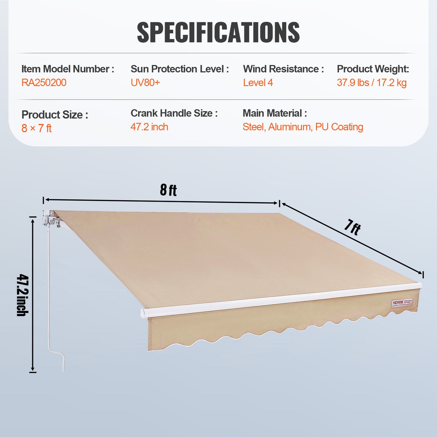 Uittrekbare Zonwering – Terras Overkapping – Zonnescherm – Markies – Balkon Schaduwdoek – 8 x 7 ft – Waterbestendig Polyester – UV80+ Bescherming