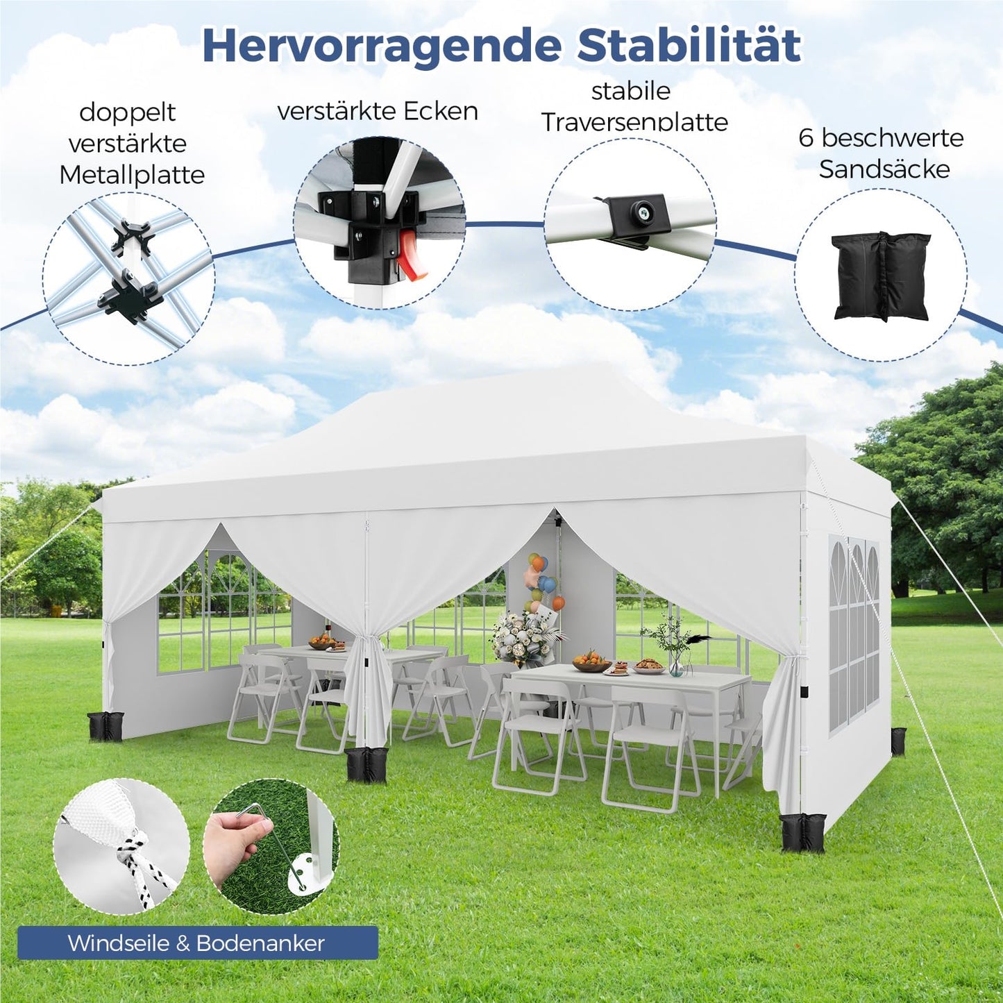 Vouwtent – Partytent – Evenemententent – Tuinkamer – Garden Pavilion – 3x6m Wit – Waterdicht – UV Bescherming 50+