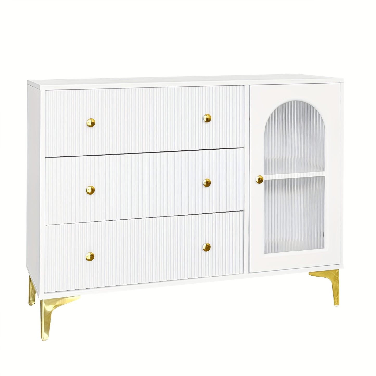Sideboard – Dressoir – Opbergkast – Kast Met Laden – Sideboard Wit – Hardhout – Glazen Deur – Textuurfront – Gouden Handgrepen – Vrijstaand En Stevig