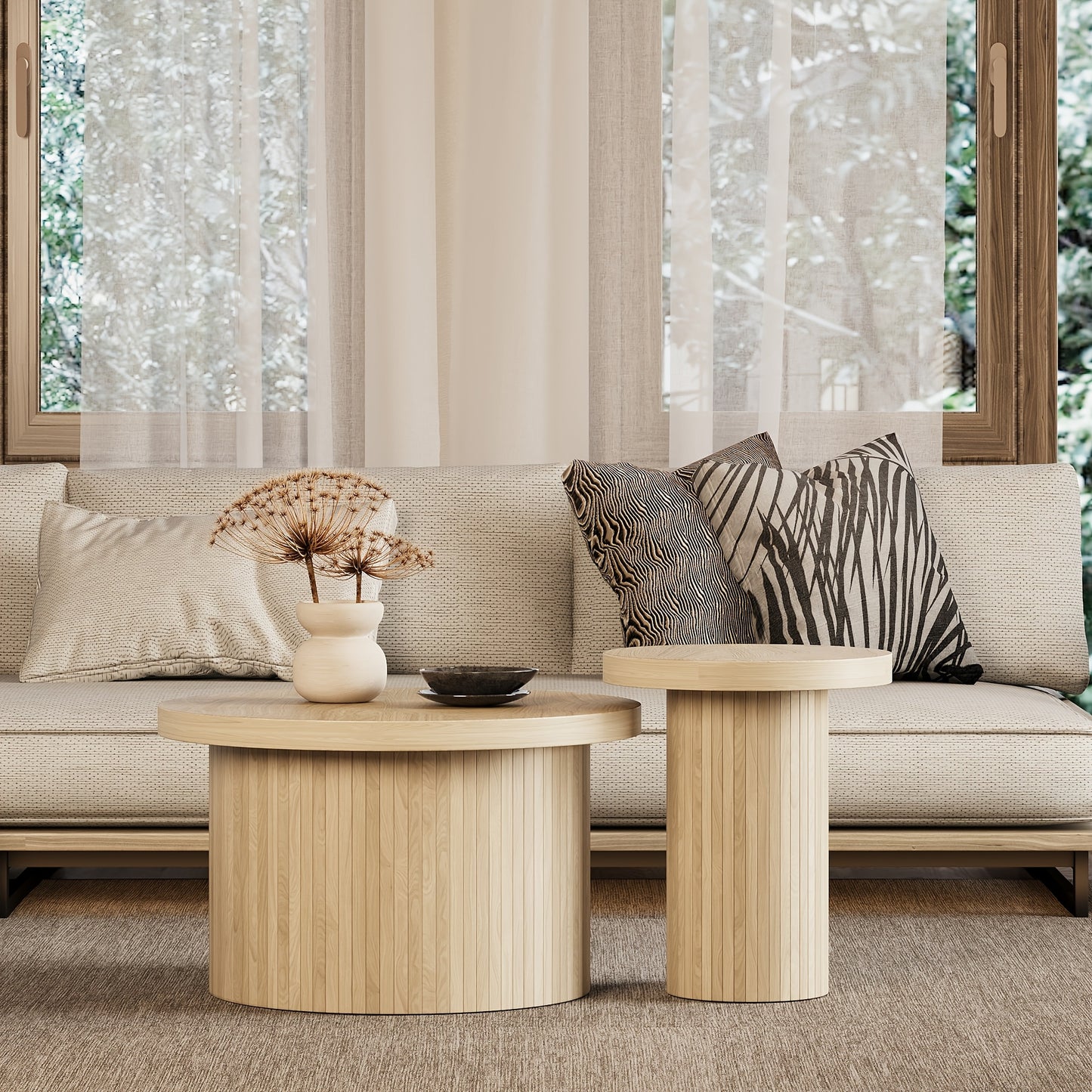 Salontafel – Dubbele Tafel – Ronde Koffietafel – Bijzettafel – Woonkamertafel – Natuurlijk Hout – Met Houten Lamellen – Multifunctioneel