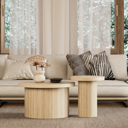 Salontafel – Dubbele Tafel – Ronde Koffietafel – Bijzettafel – Woonkamertafel – Natuurlijk Hout – Met Houten Lamellen – Multifunctioneel