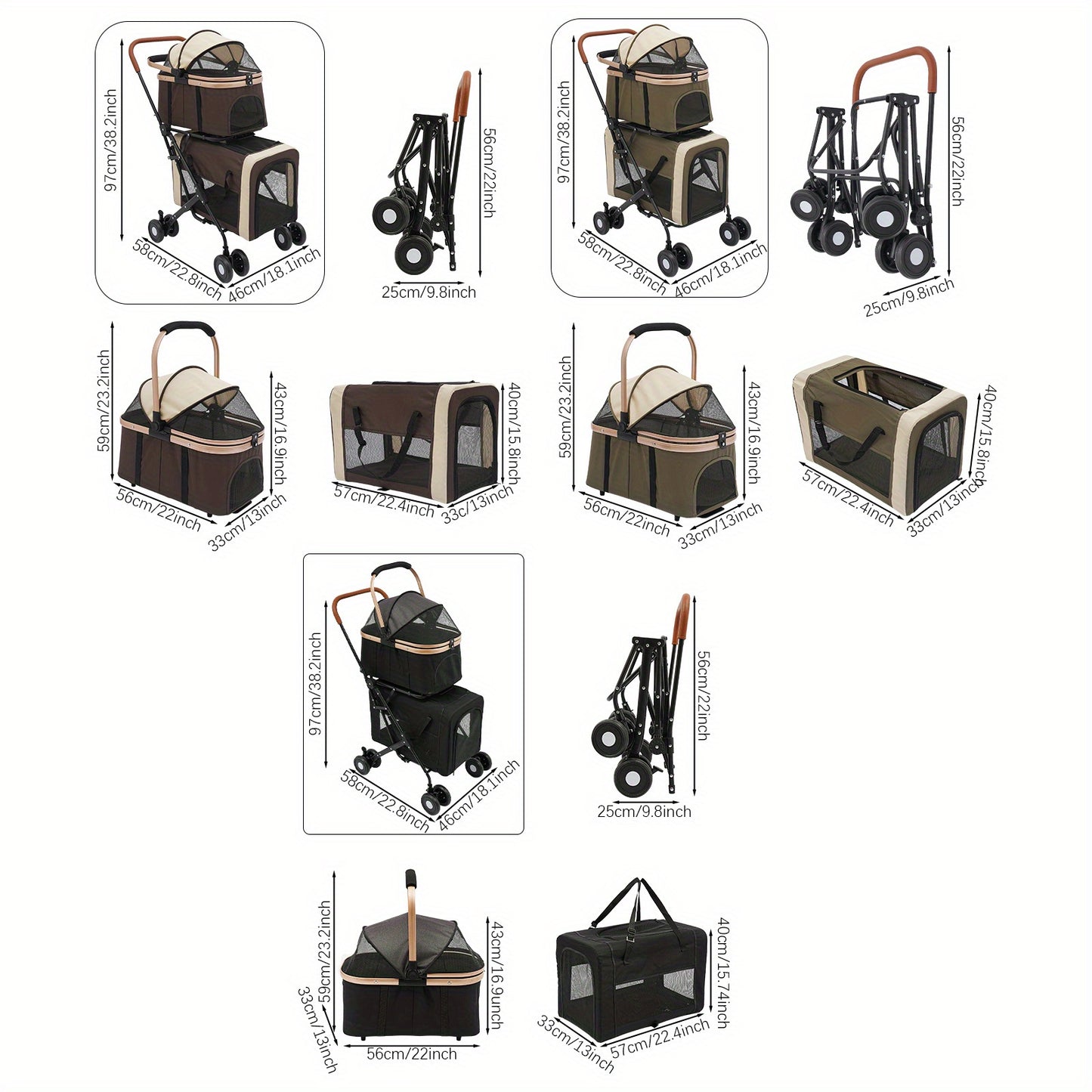 Dubbele Huisdierwagen – Dierenwagen – Huisdierbuggy – Hondenwagen – Kattenwagen – Zwart – 3-in-1 Opvouwbaar Ontwerp – Duurzaam Metalen Frame & Oxford Stof