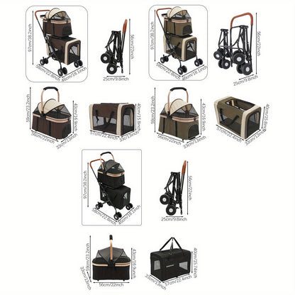 Dubbele Huisdierwagen – Dierenwagen – Huisdierbuggy – Hondenwagen – Kattenwagen – Zwart – 3-in-1 Opvouwbaar Ontwerp – Duurzaam Metalen Frame & Oxford Stof