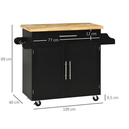 Keukenwagen – Keukenkar – Serveerwagen – Werktafel – Keukenmeubel – Zwart – 109x40x89 cm – Kruidenrek en Handdoekhouder