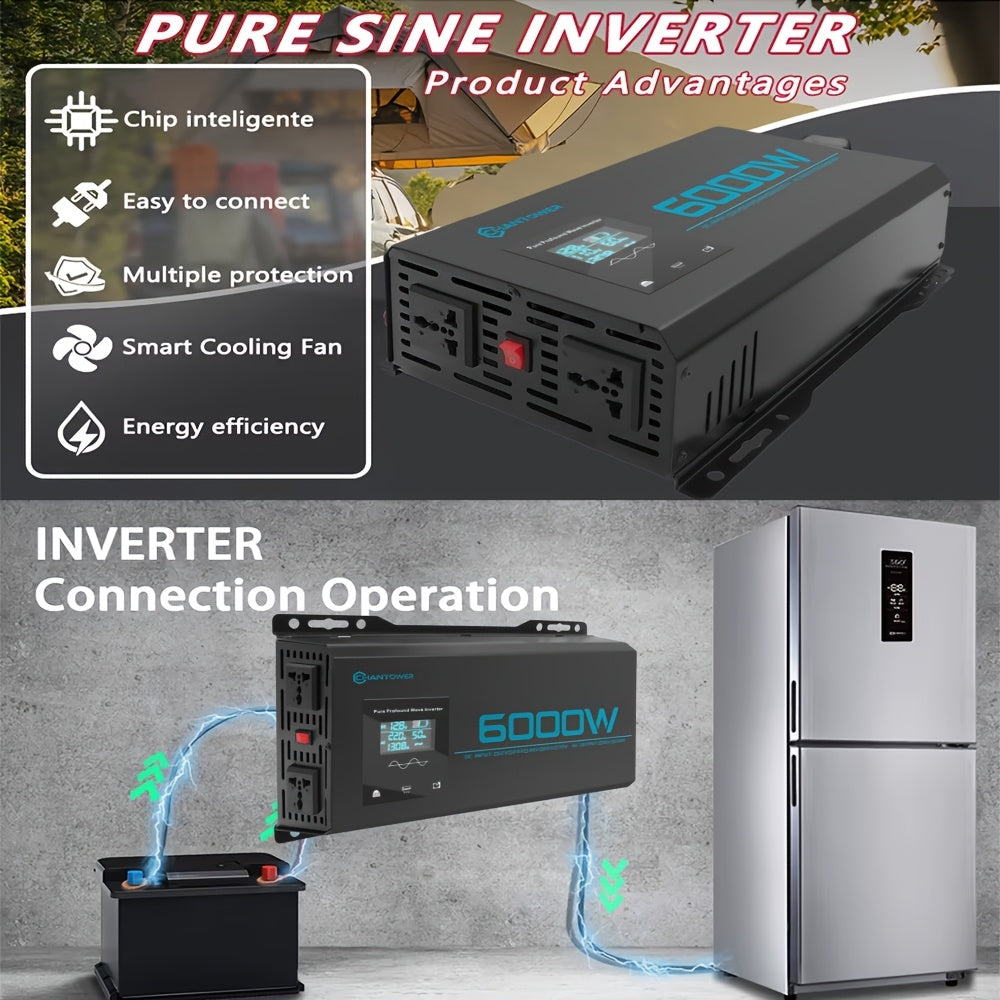 Omvormer – Spanningsomvormer – Power Inverter – Wisselstroomomvormer – Dual Voltage 12V-72V – 6000W Piekvermogen – Pure Sinusgolf met LCD Display