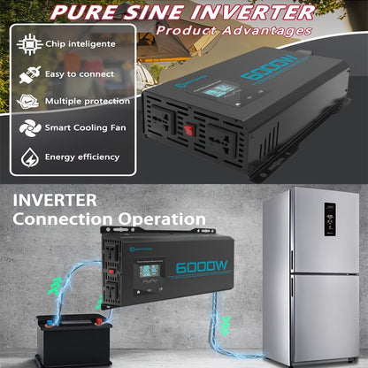 Omvormer – Spanningsomvormer – Power Inverter – Wisselstroomomvormer – Dual Voltage 12V-72V – 6000W Piekvermogen – Pure Sinusgolf met LCD Display