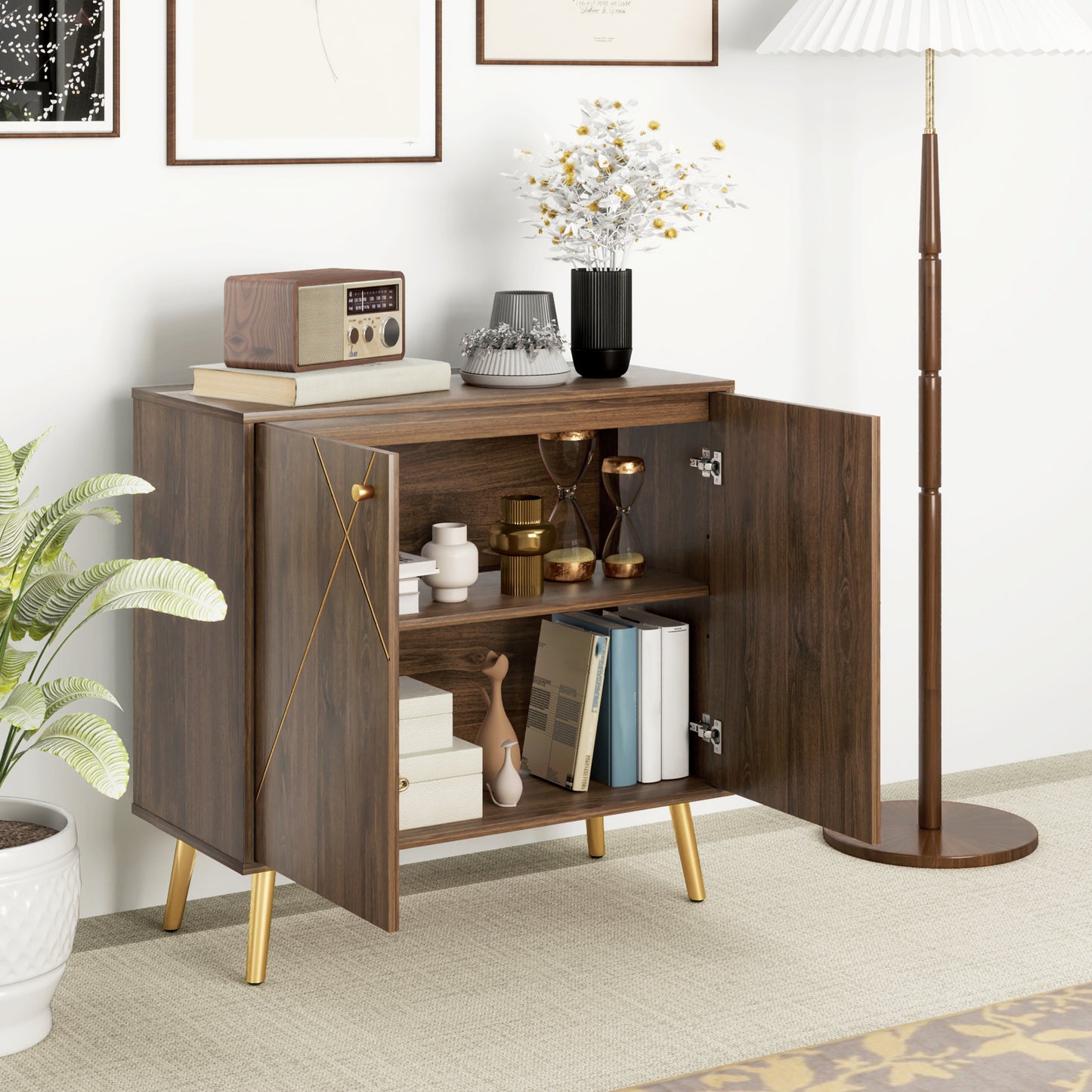 Dressoir – Opbergkast – Woonkamerkast – Buffetkast – Sideboard – Kastanjebruin Met Gouden Stalen Accenten – Verstelbare Planken – Anti-Kantel Systeem