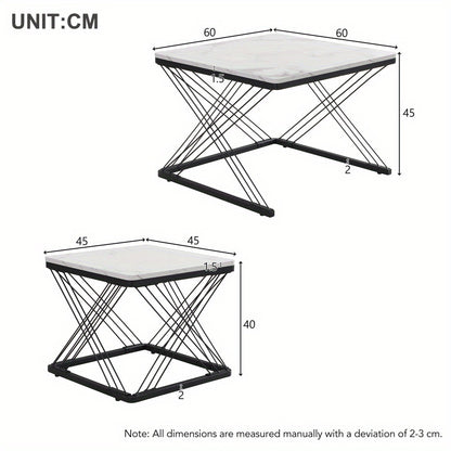 Salontafel – Koffietafel – Bijzettafel – Woonkamertafel – Tafeltje – Set Van 2 – Hoogglans Marmerlook – Verstelbare Pootjes – 60x60x45 & 45x45x40 cm