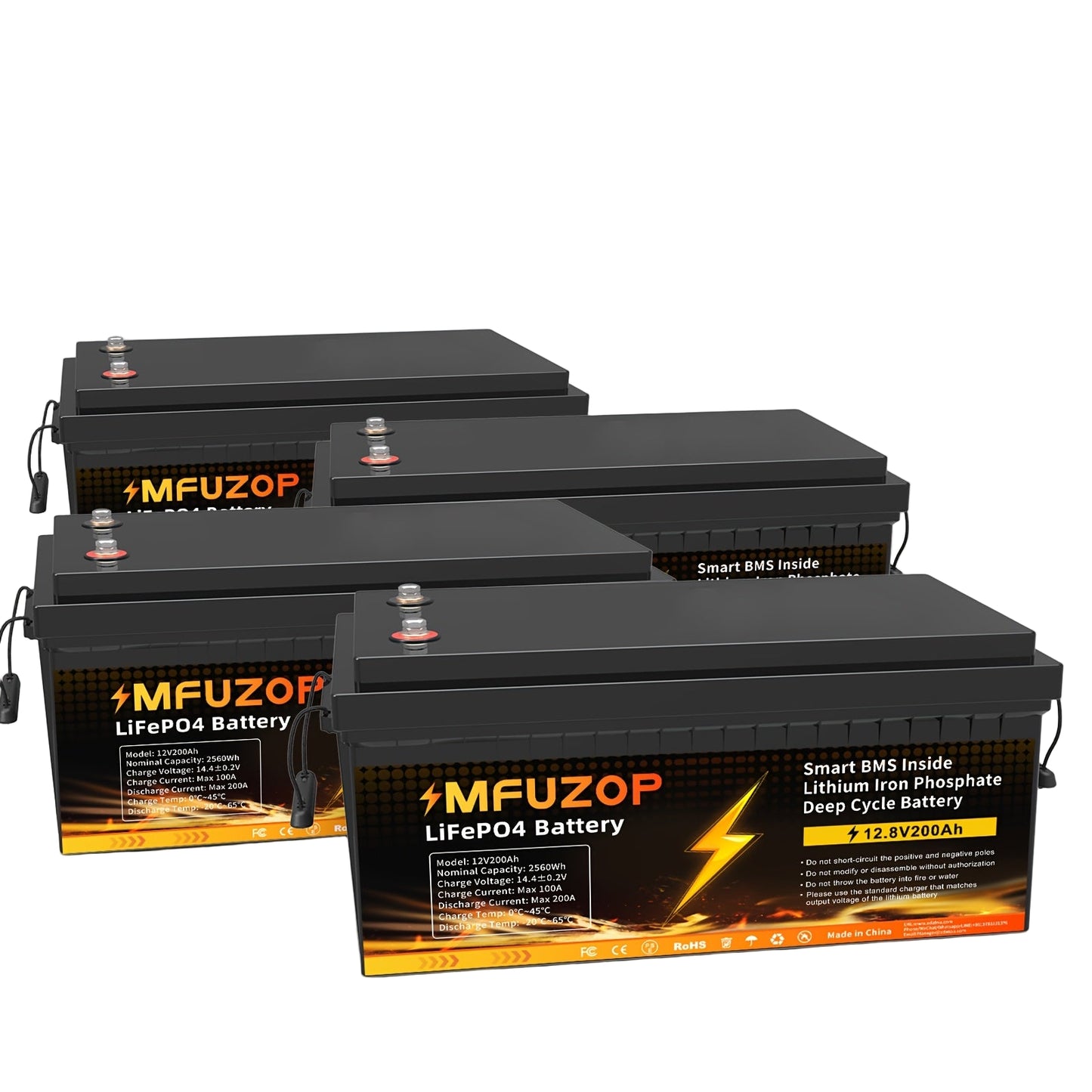 Lithium Accu – 4 Stuks - LiFePO4 Batterij – Startaccu – Bootaccu – Powerpack – 12V 200Ah – 200A Smart BMS – 5000+ Laadcycli