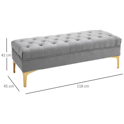 Voetenbankje – Zitelement – Bankje – Poef – Hocker – Lichtgrijs Fluweel – 118x45x42 cm – Gouden Metalen Frame