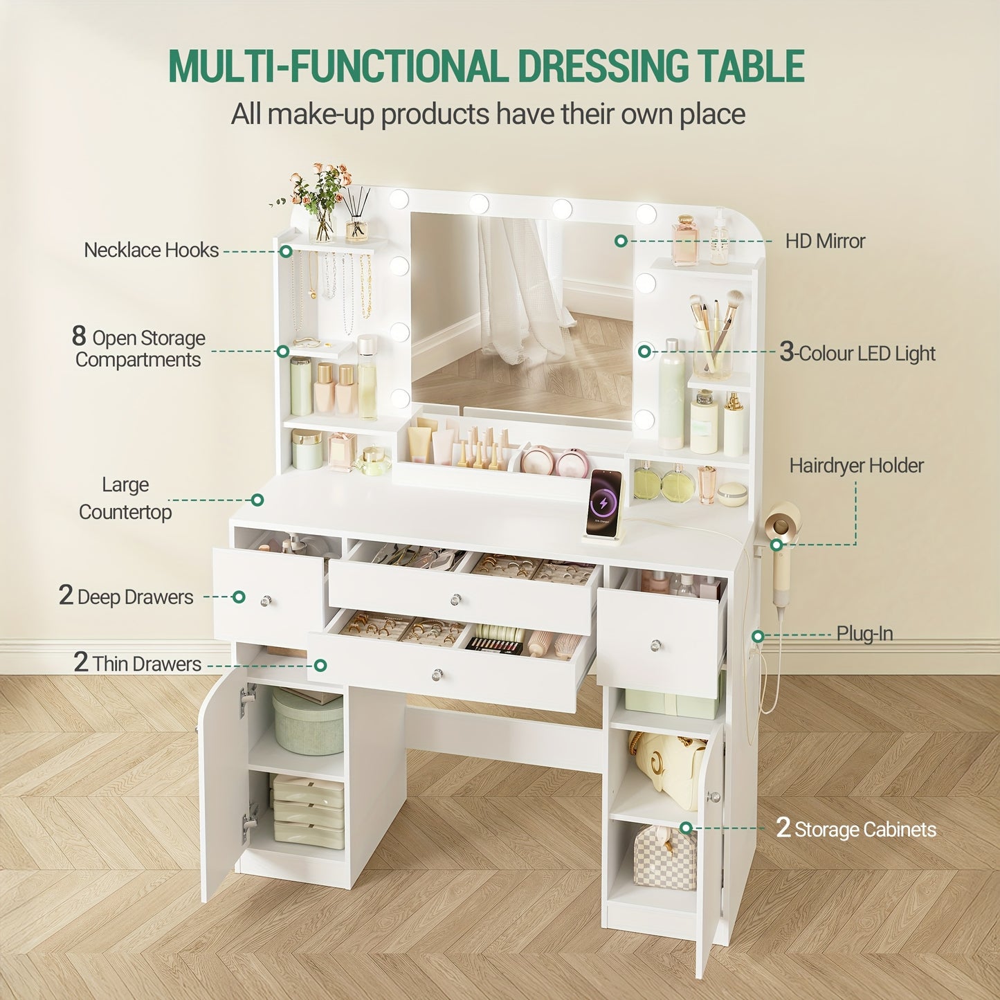 Make-up Tafel – Kaptafel – Make-up Organizer – Cosmeticatafel – Schminktafel – Verstelbare LED Verlichting – Haardrogerhouder – 108 cm Breed – 2 Lades & 2 Kasten - Wit