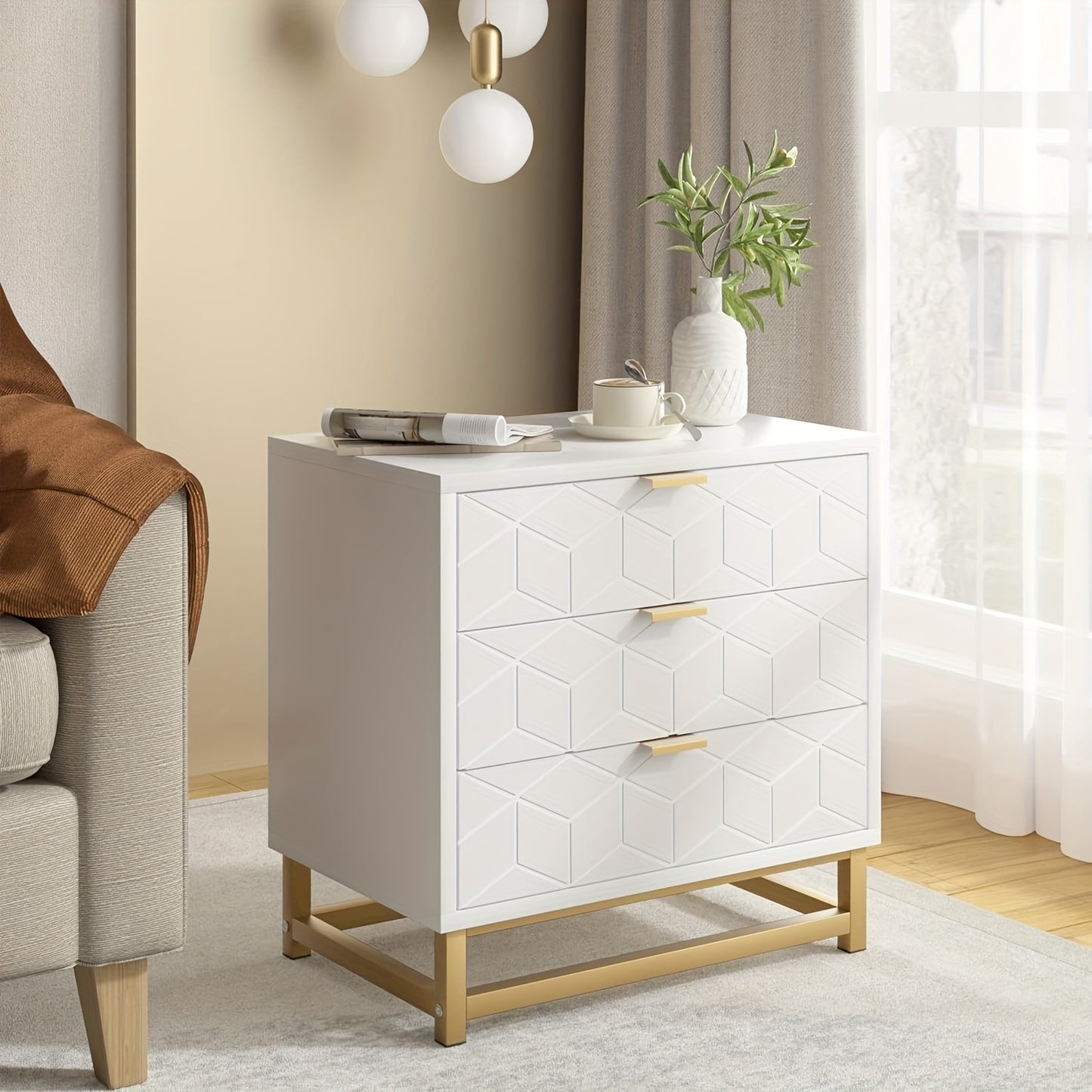 Nachtkastje – Bijzettafel – Nachtkast – Bedkastje – Ladekastje – 4 Lades – Ruimtebesparend Design – Hout en MDF – Goudkleurige Metalen Poten – Geometrisch Patroon – 60x40x64 cm