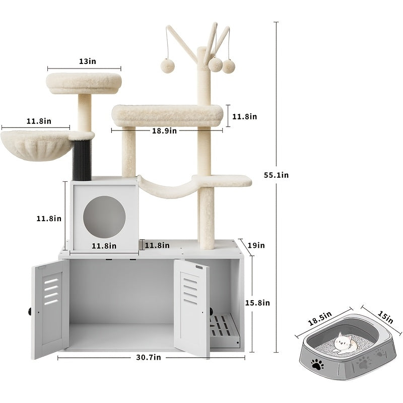 3-in-1 Cat Tree Tower with Hidden Litter Box - Multi-Level Cat Furniture House with Sisal Scratching Post, Plush Perch, Ladder & Enclosed Toilet - Space-Saving Wood Cat Tree for Cats (Compatible with Litter)