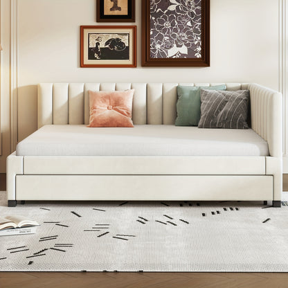 Gestoffeerd Bed 140x200 – Uittrekbaar Bed – Slaapbank – Multifunctioneel Bed – Logeerbed – Beige Fluweel – Lattenbodem – Ruimtebesparend