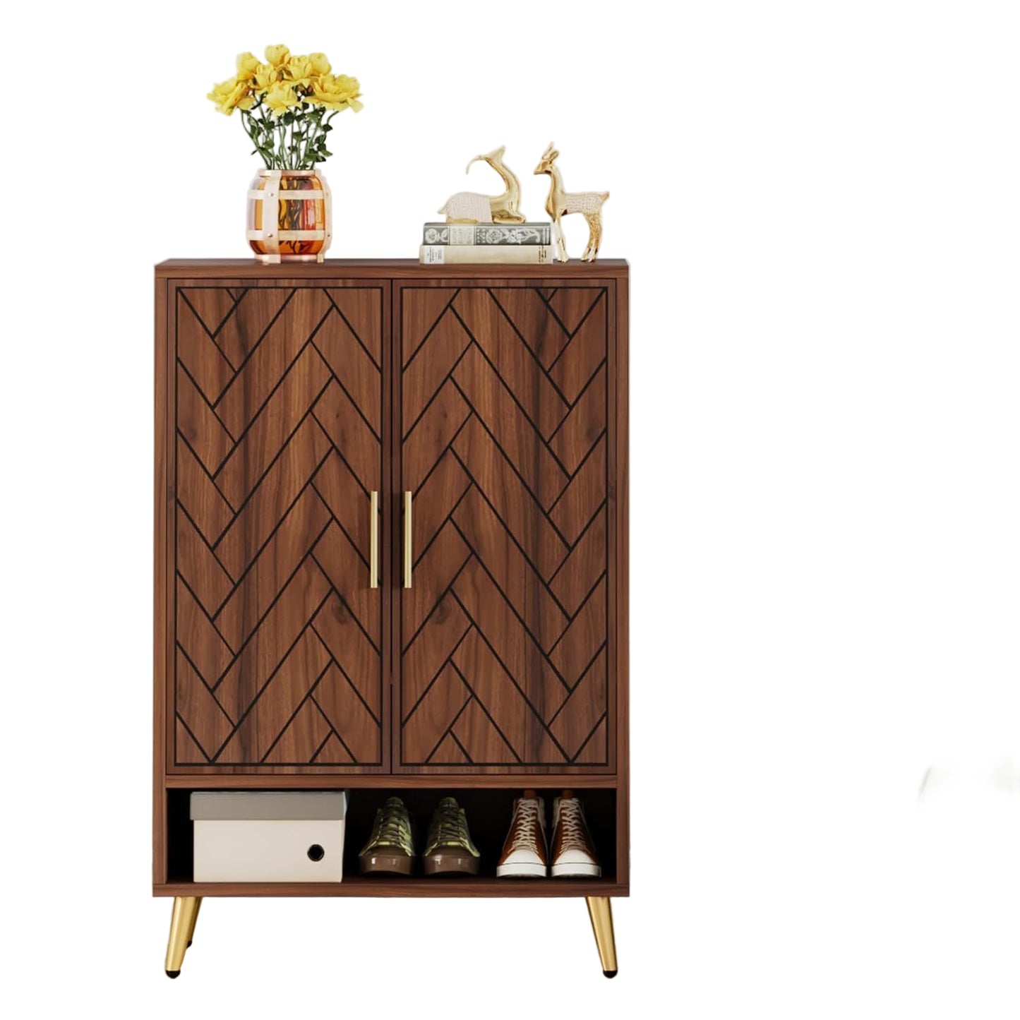Schoenenkast – Schoenenverzameling Opberger – Schoenenrek – Schoenendisplay – Walnoot Hout Variant – 6 Niveaus Met Verstelbare Planken – Luxe Gouden Poten
