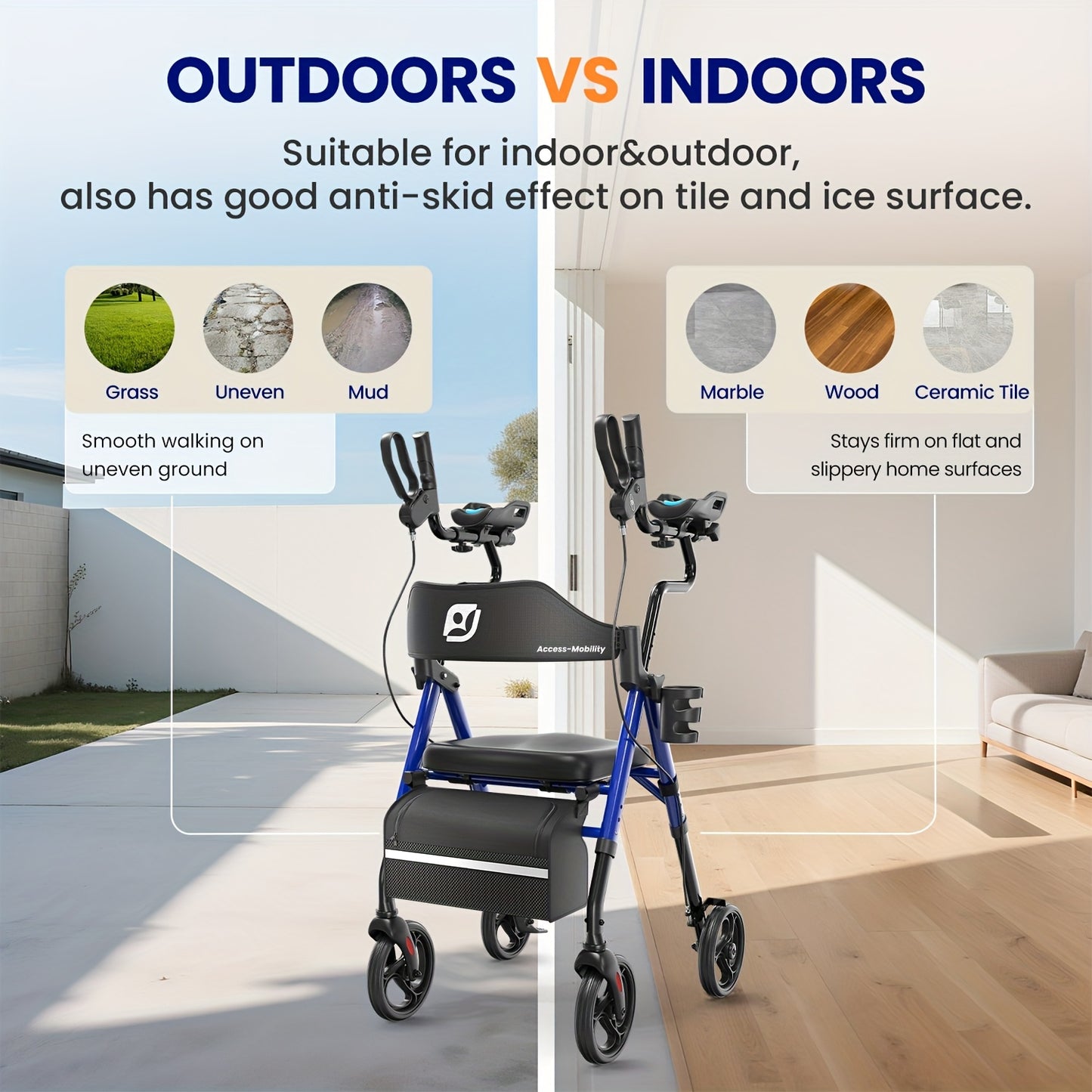 Rollator – Looprek – Mobiliteitshulpmiddel – Wandelwagen – Seniorenrollator – Lichtgewicht – Opvouwbaar – Verstelbaar Frame – Grote Wielen 20,32 cm – Comfortabele Zitting Met Rugleuning – Geschikt Voor Binnen En Buiten