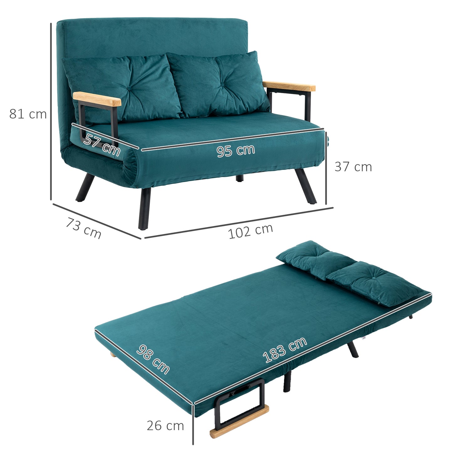 Slaapbank – Bedbank – Logeerbed – Zetelbed – Slaapstoel – 2-Zits Donkerblauw – Verstelbare Rugleuning 5 Standen – Fluwelen Polyester Bekleding