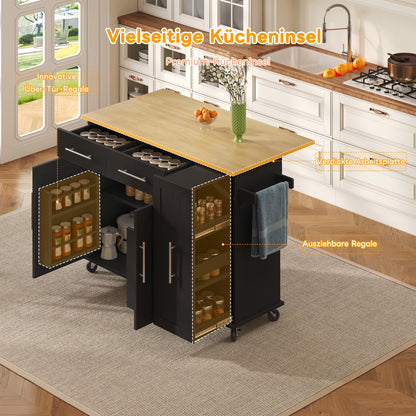 Keukenwagen – Keukentrolley – Keukenkar – Serveerwagen – Mobiele Keukenhulp – Zwart – Uitklapbaar Werkblad 120×65 cm – 3-Laags Uittrekbare Organizer Met 2 Lades