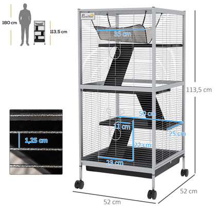Dierenkooi – Knaagdierkooi – Chinchillakooi – Frettenkooi – Kleine Dieren Kooi – Met 4 Wielen En 2 Deuren – 3 Ramps En Hangmat – Wit – Metaal – 52x52x113,5 cm