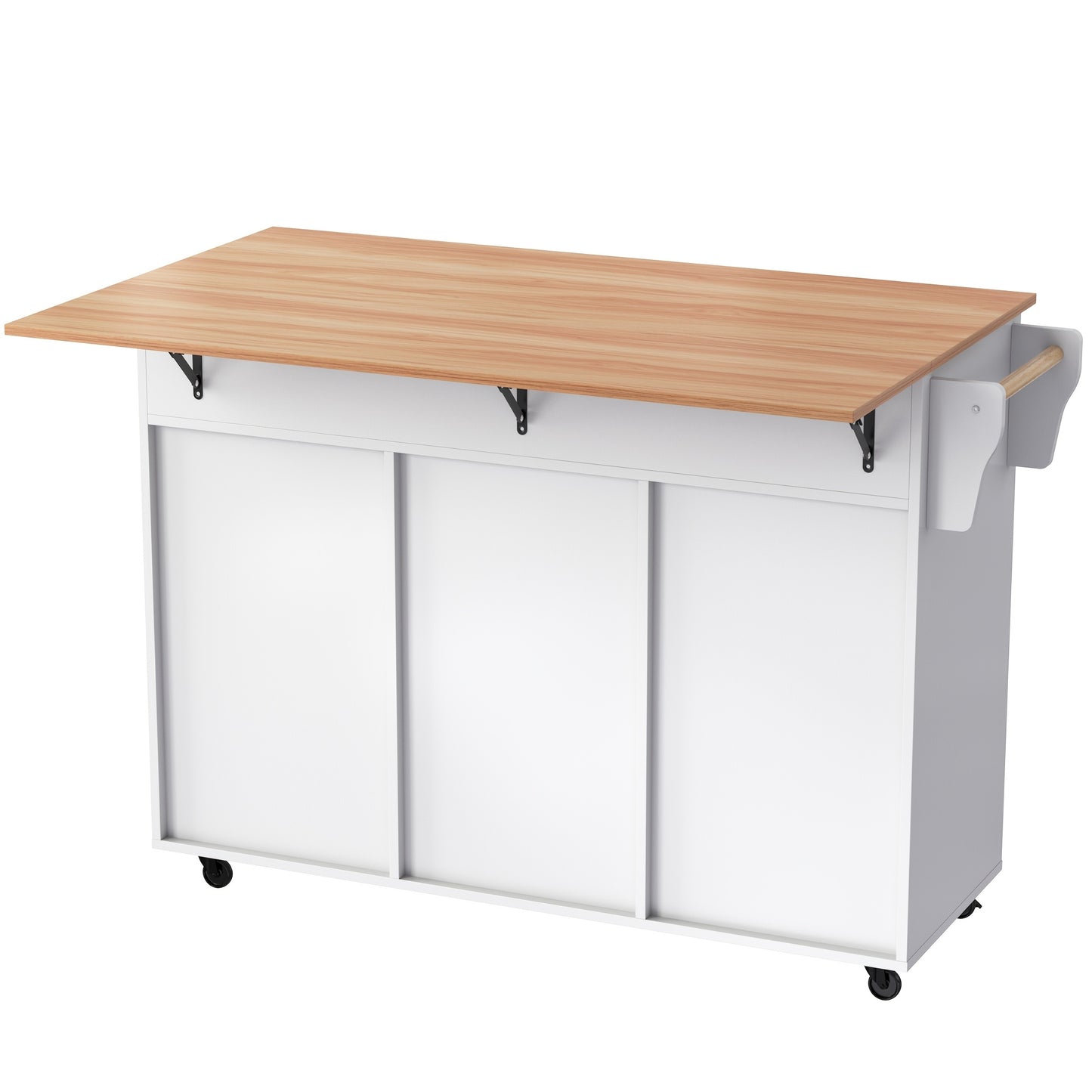 White Modern Mobile Kitchen Island with Folding Table Top, Built-In Shelves & Storage Cabinet, 2 Drawers - Heavy-Duty Metal Frame, Space-Saving Rolling Cart with Breakfast Bar, 129x46x91.5cm, No Electrical Required for Dining