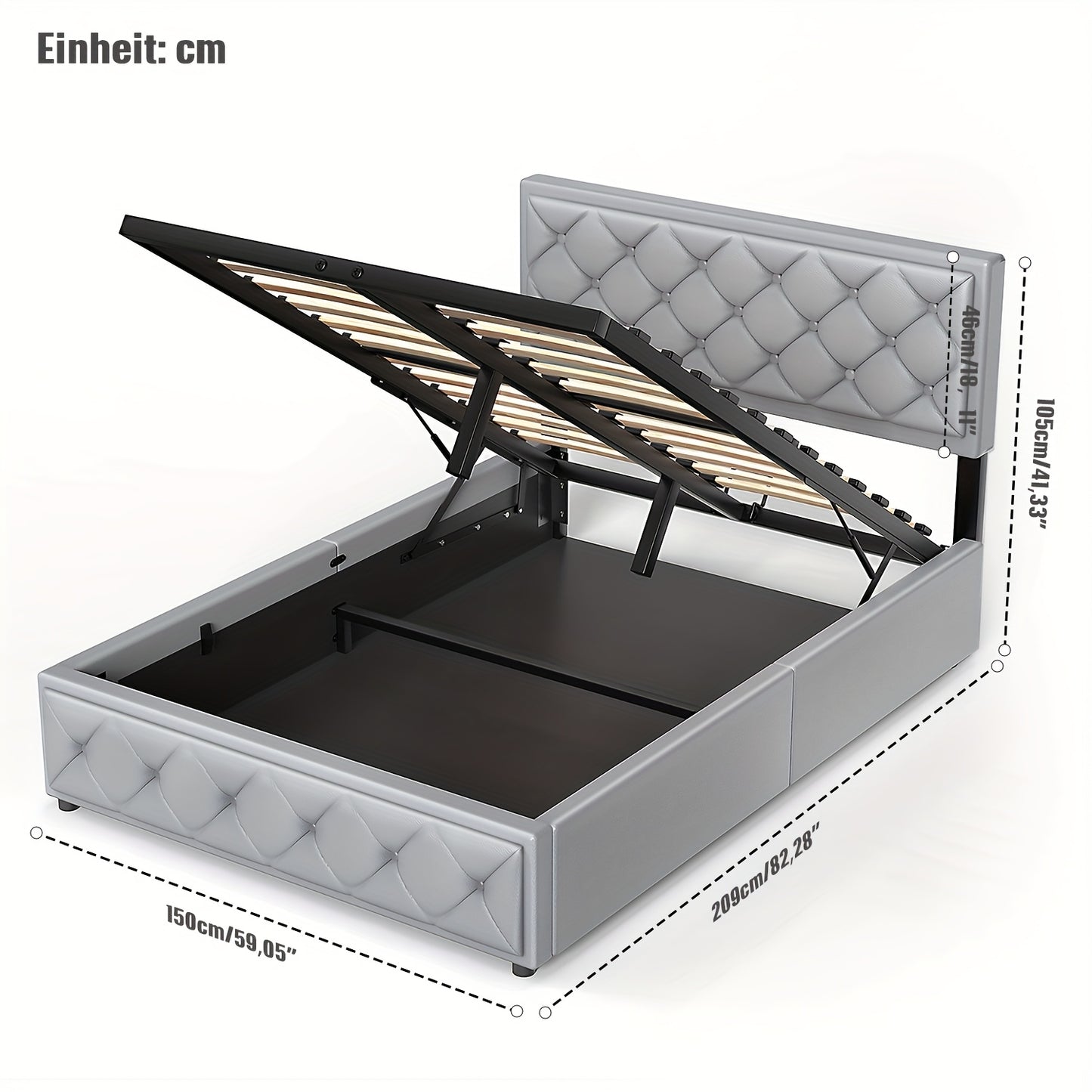 Opbergbed – Bedframe – Opbergbox Bed – Liftbed – Slaapbank – Donkergrijs PU – Gasveerlift – Compact & Eenvoudige Montage