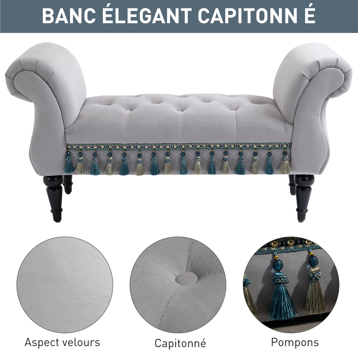 Velvet Bank – Zitbank – Loveseat – Slaapkamerbank – Halbank – Grijs – Compact Formaat – Massief Houten Poten