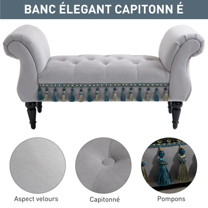 Velvet Bank – Zitbank – Loveseat – Slaapkamerbank – Halbank – Grijs – Compact Formaat – Massief Houten Poten