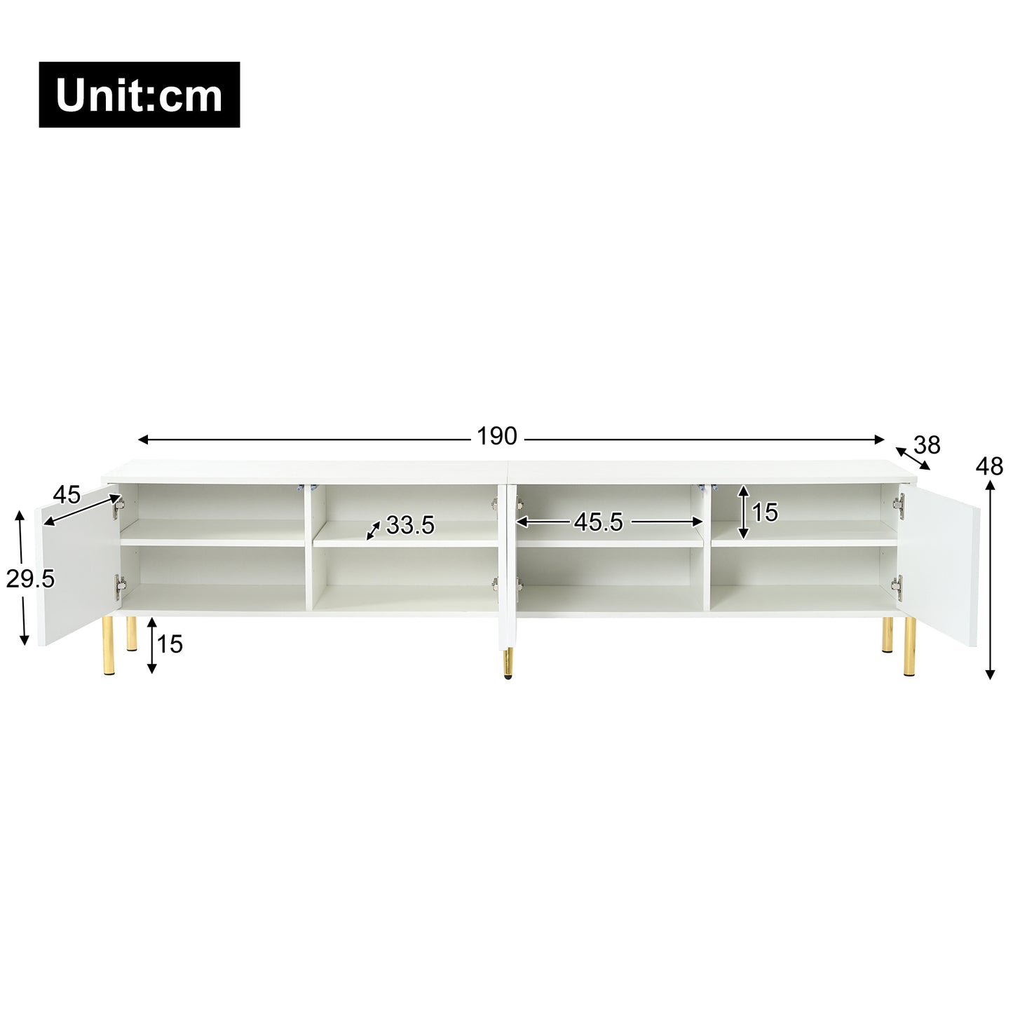 TV Meubel – TV Lowboard – TV Kast – TV Board – Mediameubel – Wit Met Groeven – 4 Deuren Met 8 Opbergvakken – Gouden Metalen Poten – 190x38x48 cm