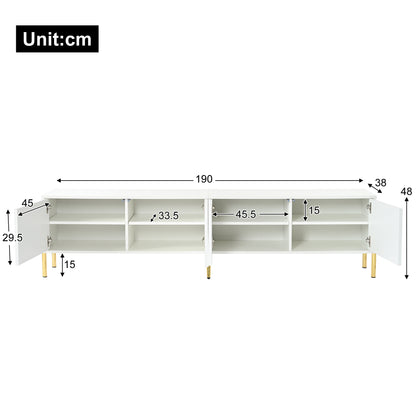 TV Meubel – TV Lowboard – TV Kast – TV Board – Mediameubel – Wit Met Groeven – 4 Deuren Met 8 Opbergvakken – Gouden Metalen Poten – 190x38x48 cm