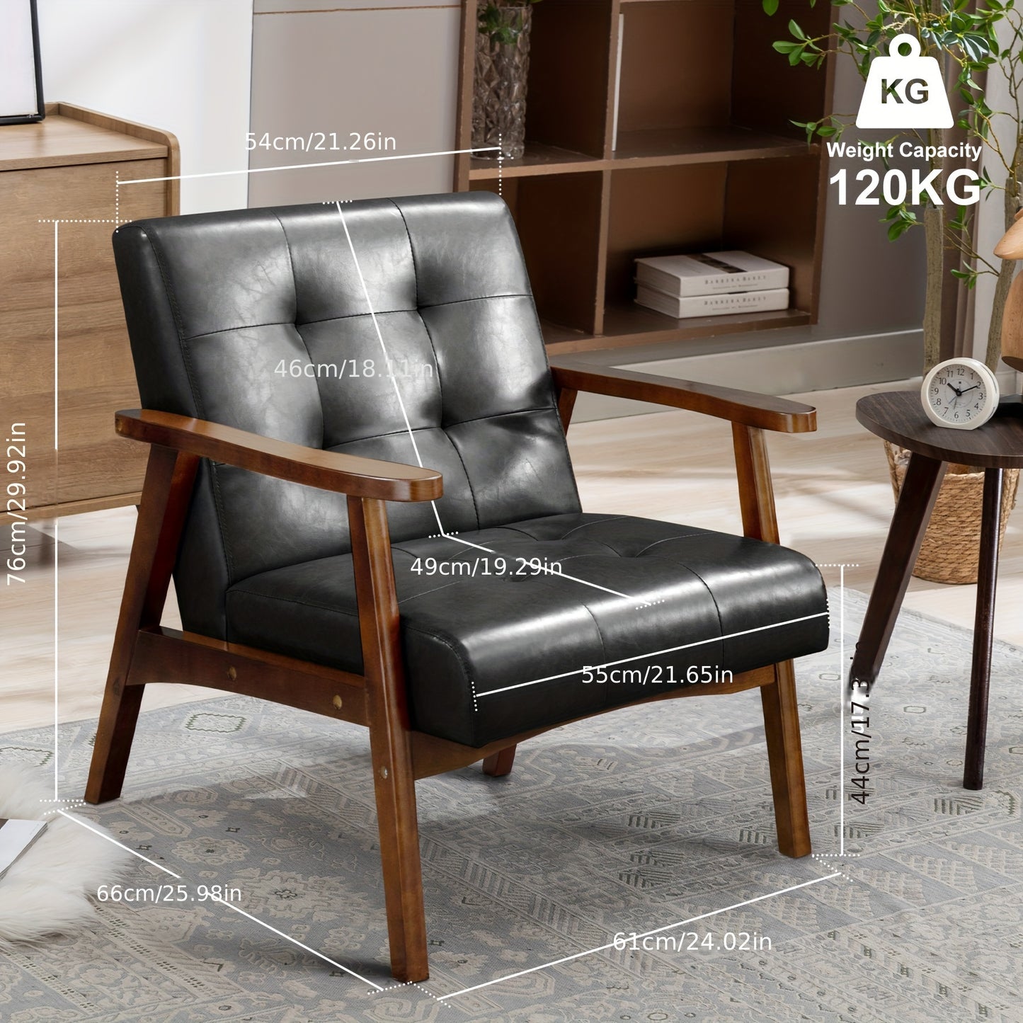 Mid-Century Fauteuil – Armstoel – Eetkamerstoel – Bureaustoel – Designstoel – Zwarte Kunstleren Bekleding – Massief Beukenhout Frame