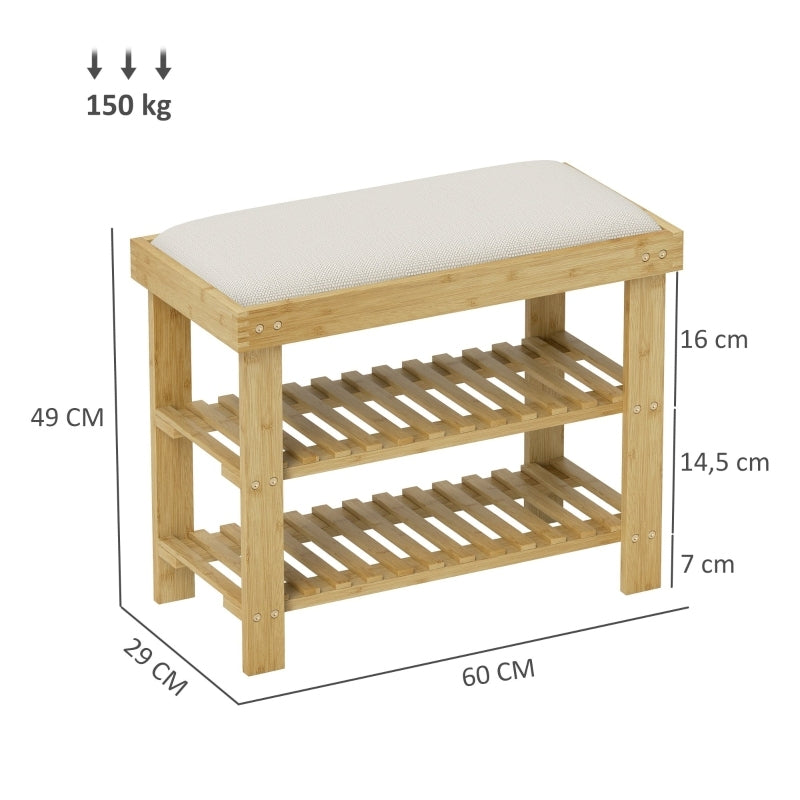 Schoenenbank – Schoenrek – Zitbank – Opbergbank – Halbank – Crème Wit – Bamboe Zitting – 2 Open Vakken – Compact 60x29x49 cm