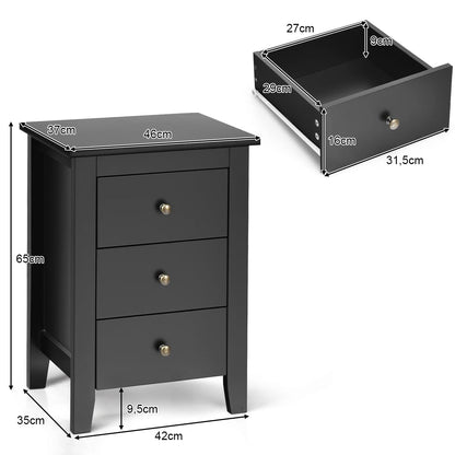 Nachtkastje – Bedside Table – Nachtkastjes – Opbergkastje – Bijzettafeltje – 2-Delige Set – 3 Lades – Mat Zwart – MDF & Multiplex – Compact 46x37x65 cm – Hoge Draagkracht 30 kg