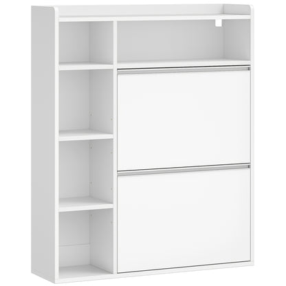 Narrow Shoe Cabinet with 2 Doors, Narrow Shoe Chest with 5 Open Compartments, Adjustable, Shoe Rack for 8-12 Pairs Of Shoes, for Hallways, Entrances, 84.7 X 24 X 102cm, White - QUORE