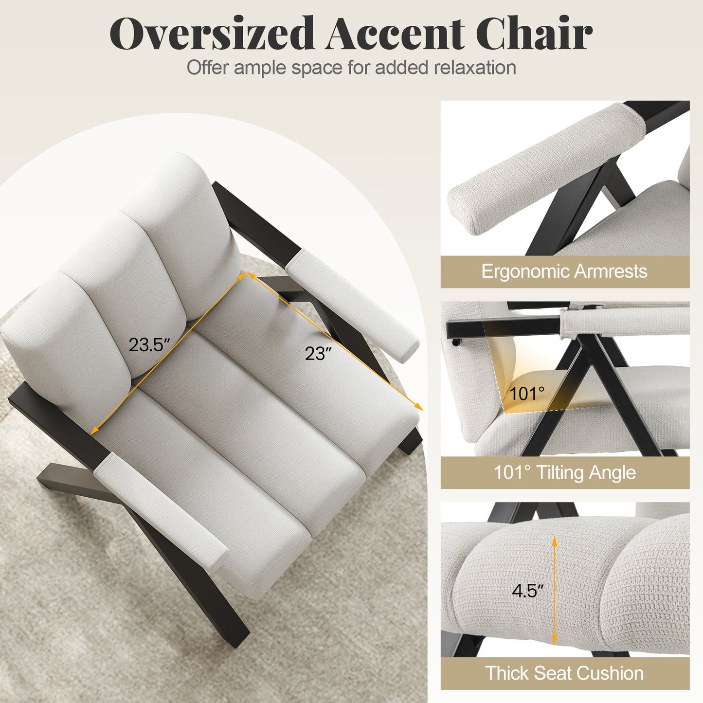 Oversized Fauteuil – Comfortabele Leunstoel – Relaxstoel – Zitzak – Loungestoel – Mid-Century Modern – Met Metalen Frame – Extra Zacht Zitkussen