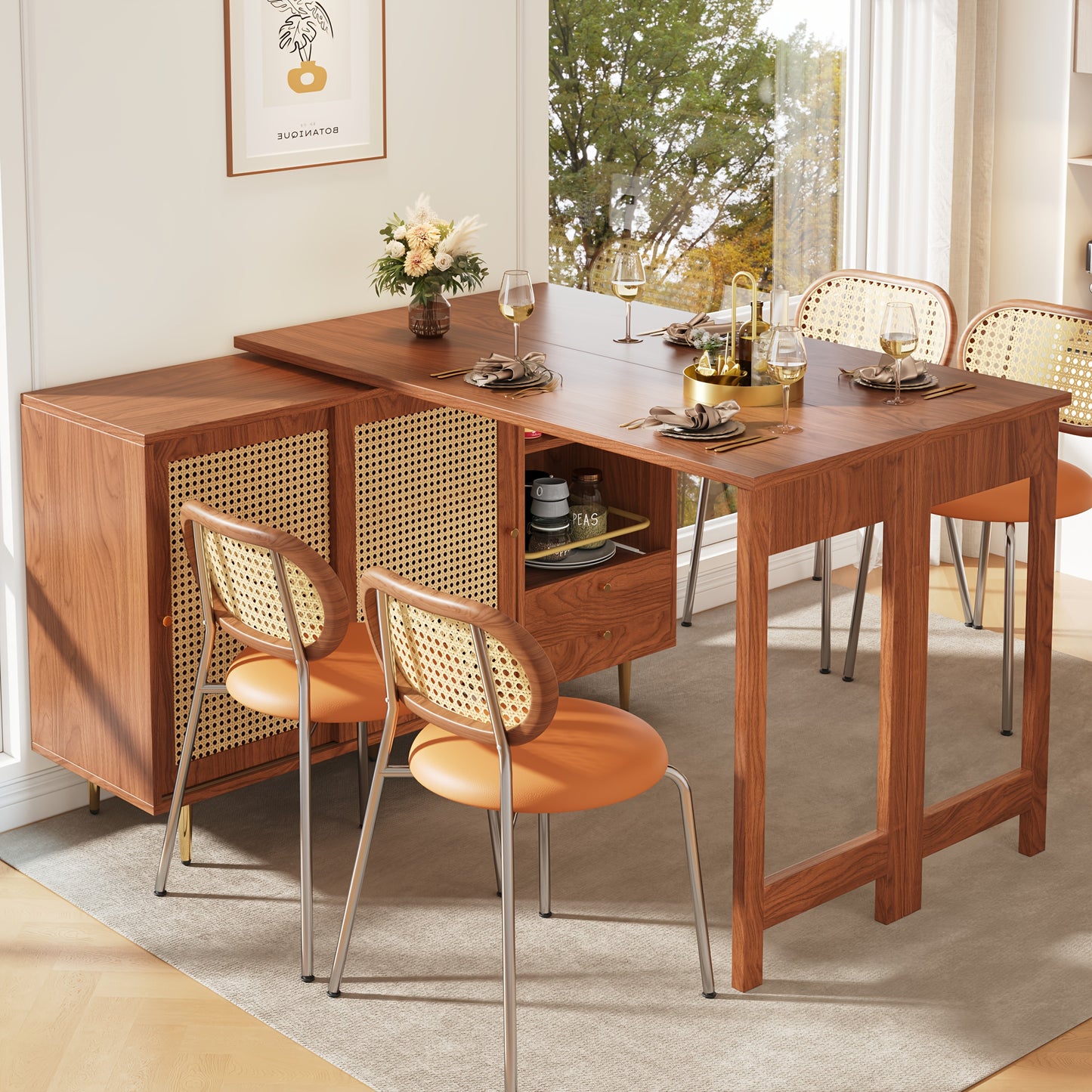 Bartafel – Bartafelset – Statafel – Keukentafel – Bistrotafel – 360° Draaibaar – Uitschuifbaar Ontwerp – Hout & MDF – Rattan Opbergruimte – Bruin – Compacte Afmetingen (107x40x71,4 cm)