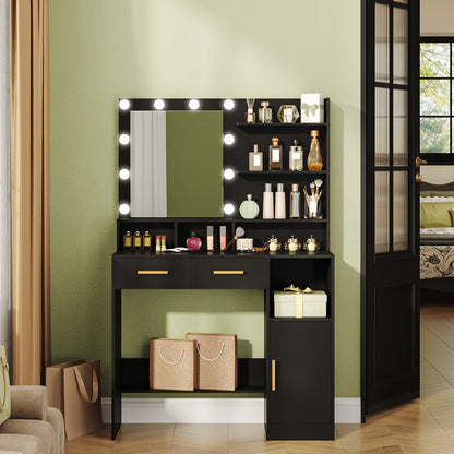Make-up tafel – kaptafel – schminktafel – make-up bureau – toilettafel – verstelbare LED-verlichting – ruime opbergruimte met lades en kastje – zwart