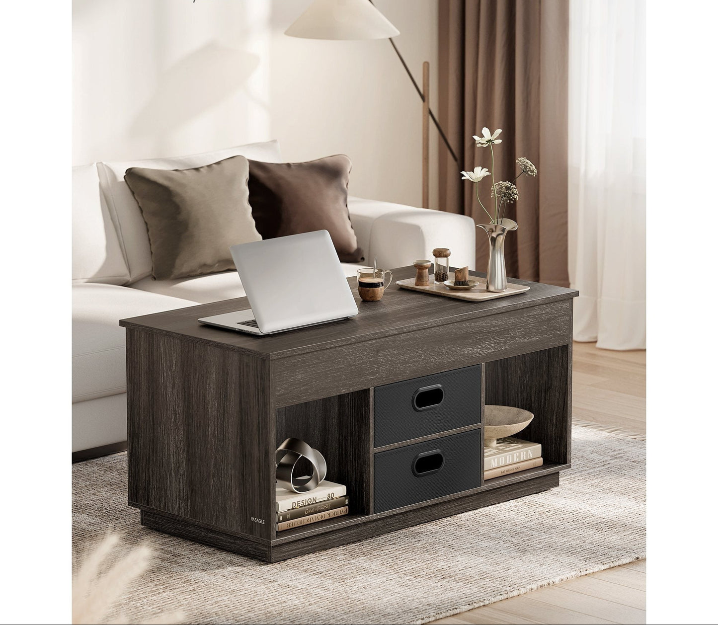 Verstelbare Salontafel – Woonkamertafel – Koffietafel – Bijzettafel – Tafel Met Opbergruimte – Asbruin – Hoogte Verstelbaar – MDF Met 2 Lades