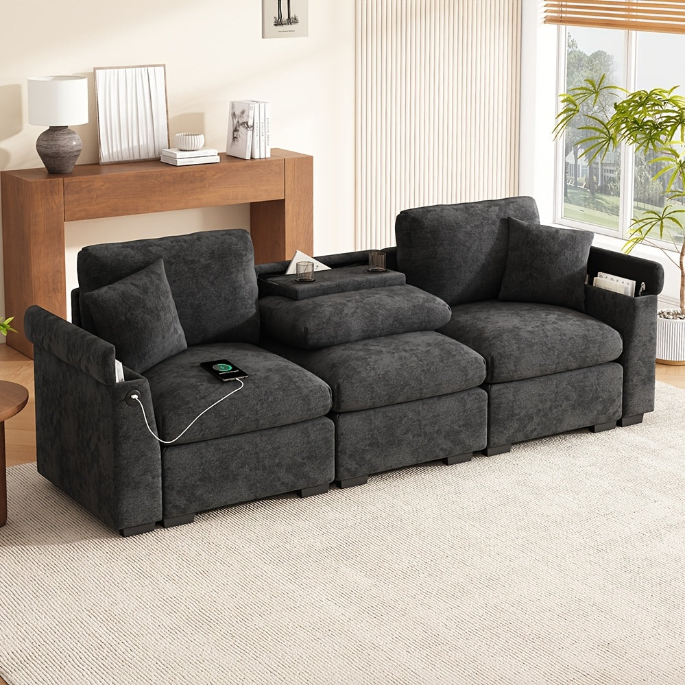 Vouwbare Bank – Slaapbank – Zitbank – Sofa – Bedbank – Chenille Bekleding – Opbergruimte – Inklapbare Tafel – Drankhouder – Beige – Compact Voor Kleine Ruimtes