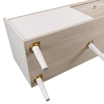 Tv-meubel – Tv-kast – Lowboard – Mediameubel – Tv-dressoir – Wit en Houtlook – 160 cm Breedte – Gestreepte Schuifdeuren met Lades